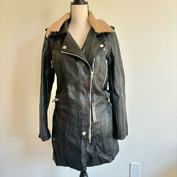 Blank NYC Black Oversized Long Length Sherpa Collar Leather Jacket Sz S NWT - Picture 1 of 4